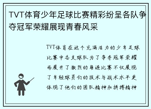 TVT体育少年足球比赛精彩纷呈各队争夺冠军荣耀展现青春风采