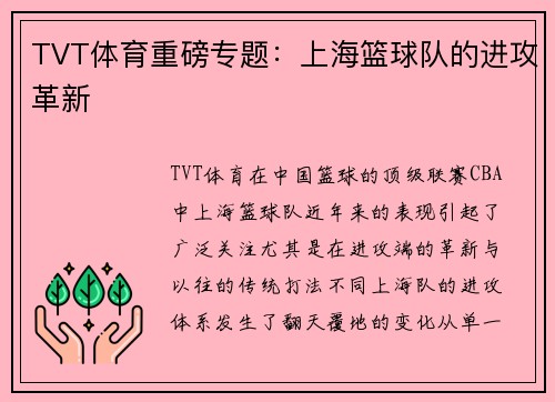 TVT体育重磅专题：上海篮球队的进攻革新